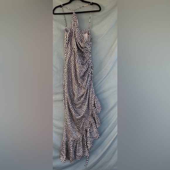 NWT Cinq A Sept Ruffled 100% Silk Midi Dress Sz 4 New Black White Asymmetric Hem - Picture 2 of 13